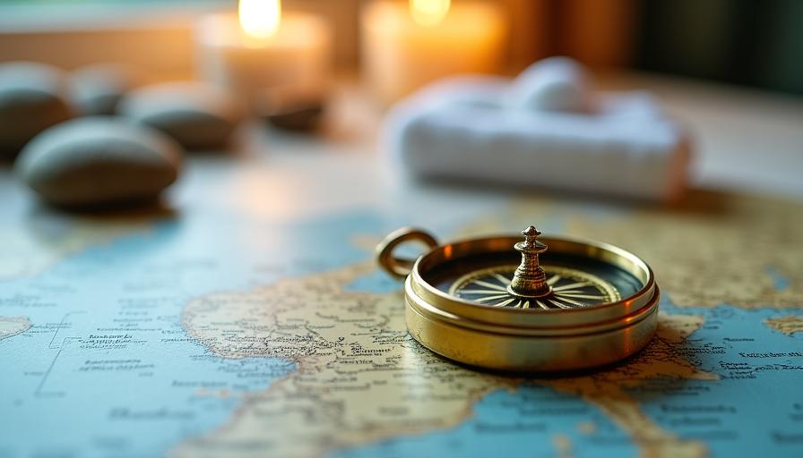 Bussola antica su una mappa nautica in un ambiente spa rilassante